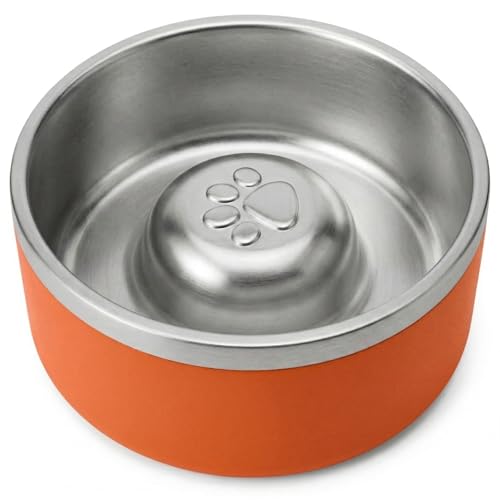 Stainless Steel Slow Feeder Dog Bowl, Heavy Duty Thickened Metal Dog Bowl, Non-Slip Base, Dishwasher Safe, Anti Gulping Feeding Bowl for Small to Medium Dogs & Cats, 56 oz, (Orange) - color: Orange