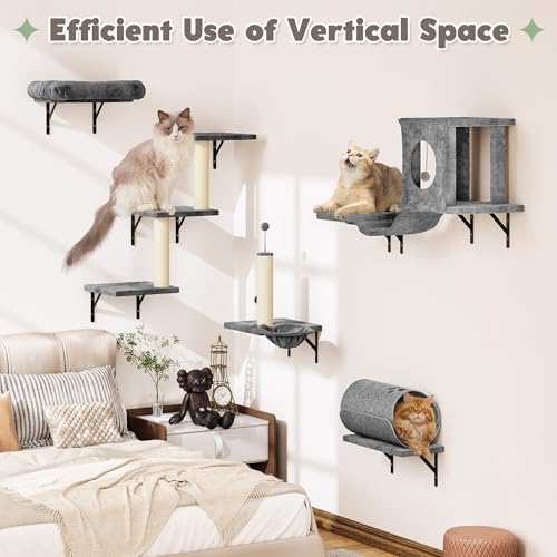 7-in-1 Cat Wall Shelves, Space-Saving Wall Mounted Cat Shelves - color: Gray