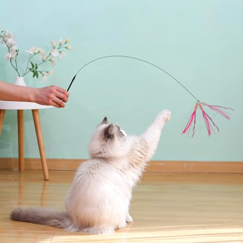 Andiker Cat Wand Toy, 3pcs Setaria Cats Feather Toy Refills with Bell and a 35.8'' Long Flexible Steel Wire Rod, Interactive Cat Toys for Indoor Cats Doing More Exercise and Enjoy Playtime