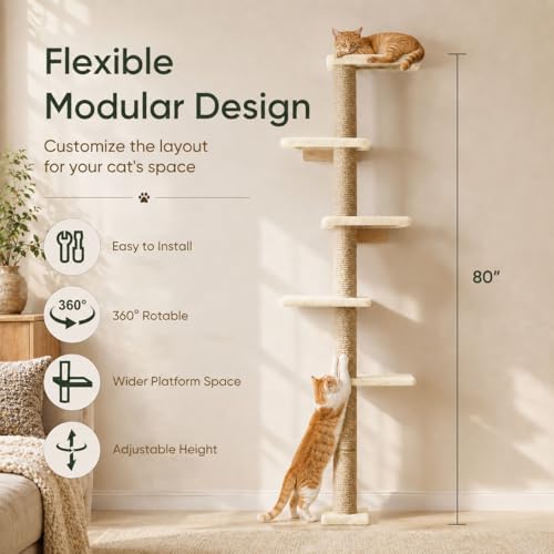 80-Inch Wall-Mounted Cat Tree with Scratching Post & 5 Perches, Beige - color: Beige