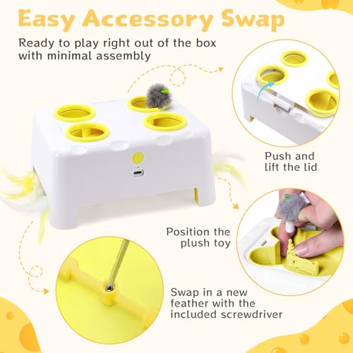 Interactive Cat Feather Toy Cheese Box 3in1 Whack a Mole - color: White