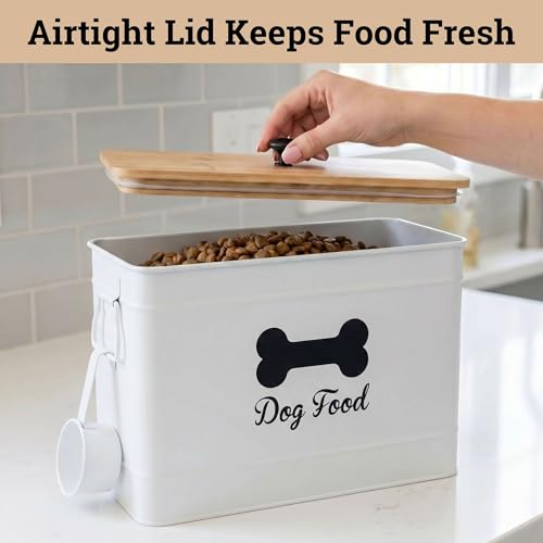 Metal Dog Food Container 15-20 lbs w/ Airtight Bamboo Lid, 70 Cup Capacity - color: White: Bone