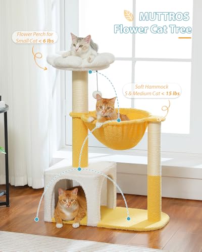 MUTTROS Cute Cat Tree with Flower Top Bed - Cloud Scratching Posts, 35" Small Cat Tower with Large Metal Frame Hammock for Indoor Cats, White Cat Condo for Kittens, Yellow - color: Cloud White, size: 35" Upgraded Flower Cat Tree