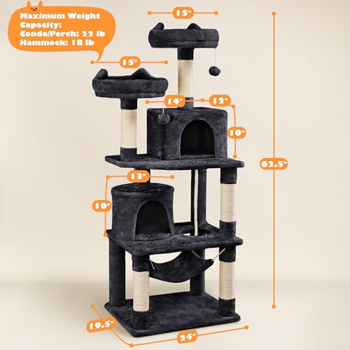 Topeakmart 62.2 inches Cat Tree, Cat Tower w/Double Condos, Scratching Posts & Hammock, Cat Activity Tree Kitten Play House, Black - color: Black, size: 24"L x 19"W x 62"H