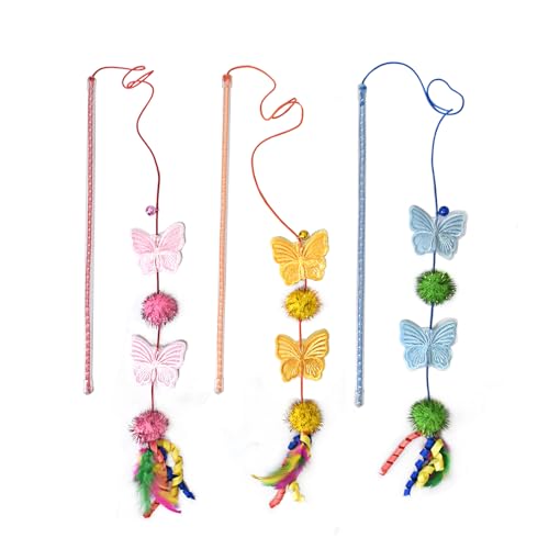 Cat Wand Toys, 3 PCS Vibrant Cat Teaser Wands with Butterfly, Pompom - Elastic Cord Feather Wands Cute Interactive Kitten Toy