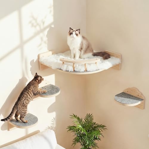Cat Shelves for Wall, Corner Cat Wall Shelf with 3 Wide Steps, Wooden Wall Mounted Cat Shelf for Indoor Cats, 30 lb Capacity, Removable Plush Pads, Cat Climbing Perch Set for Large Cats