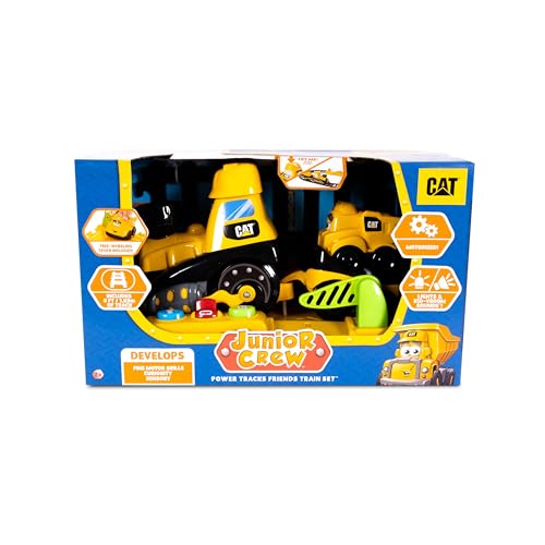 CAT Construction Toys, Power Track Friends Preschool Train Set, 8 Pieces of Easy-to-Assemble Track, Light & Sounds, Motorized Train & Car Carrier, Develops Fine Motor Skills - style: Construction Buddies Train Set