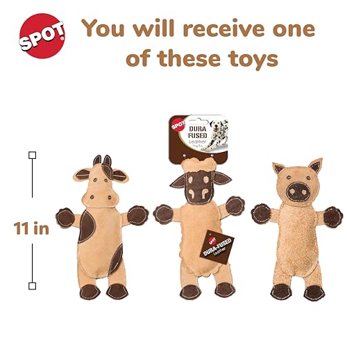 SPOT Dura-Fused Leather Barnyard Animals - Stuffed Dog Toy with Squeaker, Real Leather & Jute Fabric, for Light to Moderate Chewers, Great for Adult Dogs and Puppies - 11in, Assorted Styles, 1 Piece
