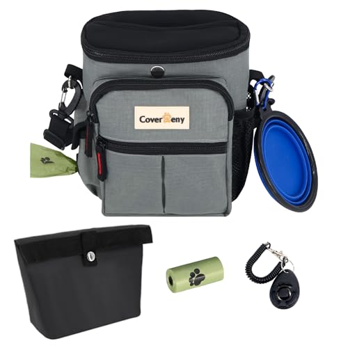 Dog Treat Pouch Open Top for Quick & Spill-Proof Access, Removable Pouch|Poop Bag Dispenser|3 Ways to Wear, Dog Treat Bag - Collapsible Bowl, Training Clicker & Poop Bag for Training & Walking. (Grey) - color: Grey