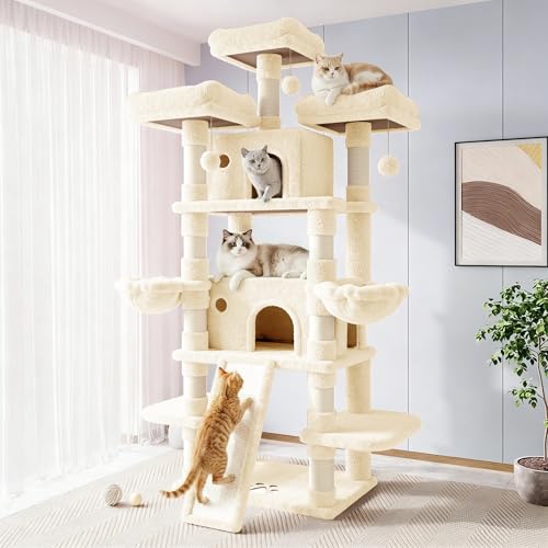 Allewie 82 Inches Large Cat Tree/House/XXL Tall Cat Towers for Big Feline/Scratching Post/Multi-Level Large Kitty Climbing Tree with Condo/Beige - color: Beige, size: 82 in
