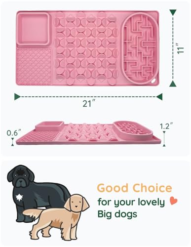 Slow Feeder Bowl for Large Dog, Silicone Lick Mat & Snuffle Mat with Suction Cups - Interactive Puzzle Feeder to Slow Eating & Keep Busy, Reduce Vomiting & Relieve Boredom (21"x 11" Pink) - color: Pink