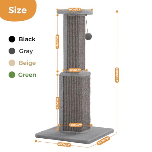 PAWZ Road Cat Scratching Post 32” Tall Square Cat Scratcher - color: Grey