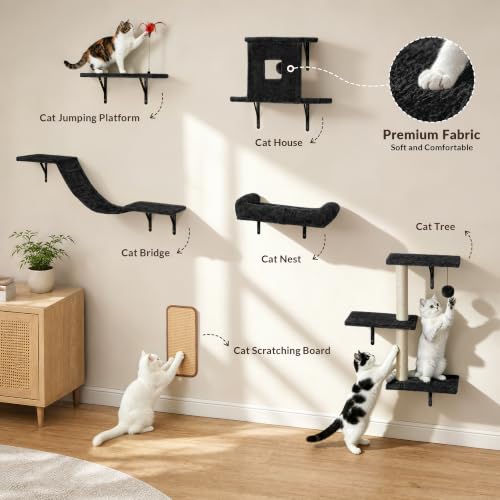 Cat Wall Shelves, 6-in-1 Cat Wall Furniture Set, Black - color: Black