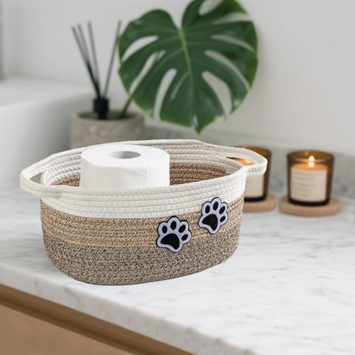 Small Woven Cotton Rope Nursery Organizer Bins, Dog Toy Basket Bins with Handle, Cute Empty Pet Gift Storage Baskets with Paw - color: White-Jute