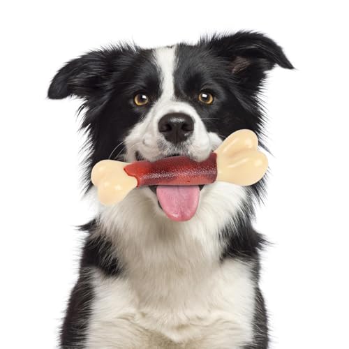 Durable Dog Chew Toy for Aggressive Chewers - Tough Nylon Bone for Medium & Large Dogs, Long-Lasting Indestructible Dog Toy with Real Beef Flavor, Reduces Anxiety & Promotes Dental Health (A)