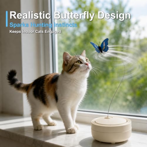 Interactive Butterfly Cat Toy for Indoor Cats, 360° Rotating Wand, Beige - color: Beige