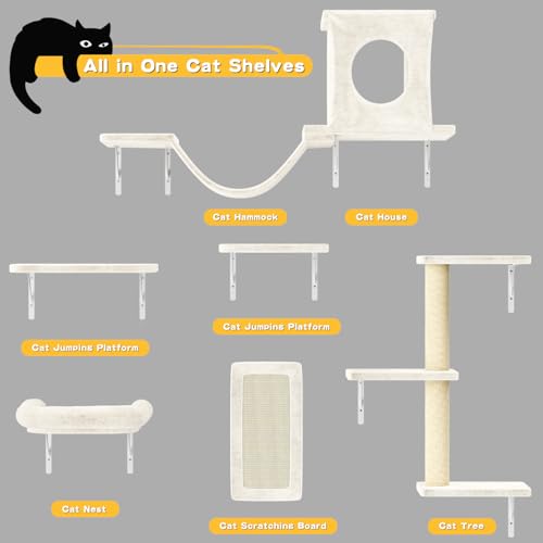 Cat Wall Shelves, 6 Pcs Luxury Wall-Mounted Cat Climber Shelves, Beige - color: Beige, size: Set of 6
