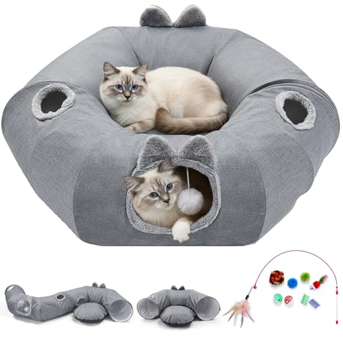 Odoland Linen Cat Tunnels & Central Cat Bed with 9 Interactive Cat Toys - color: Linen Cool Gray