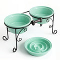 Elevated Dog Bowl Stand with 3 Large Ceramic Bowls – Raised Feeding Station for Medium & Large Dogs, Includes 2 Standard Bowls + 1 Slow Feeder, Durable Iron Frame, Non-Slip (Lucite Green) - color: Lucite Green