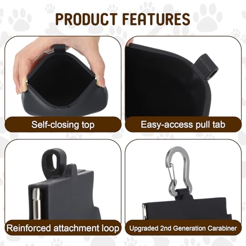 Silicone Dog Treat Pouch, Small Pocket Hand Free Dog Training Pouch Portable Black Pocket Sized Dogs Walking Bag with Carabiner for Pet Puppy Travel Outdoor Use