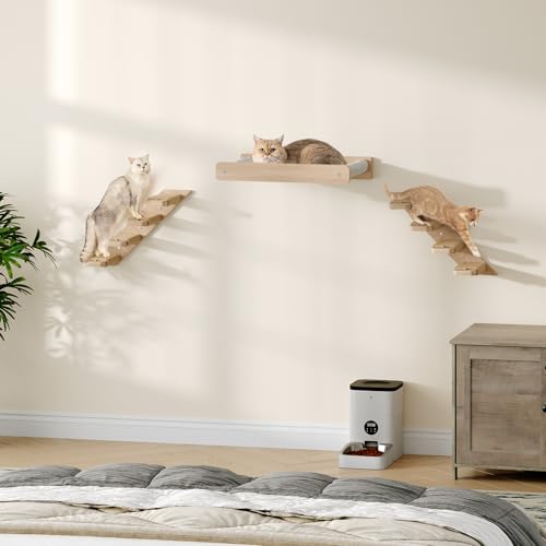 HOOBRO 2 Pack Cat Wall Shelves with Four Jute Scratching Steps, Oak Wood Cat Wall Steps/Ladder Furniture, Climbing Shelf Wall Mounted, Cat Tree Supplies, Nature NL42CS03