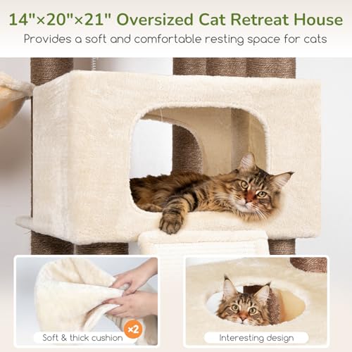 Globlazer 84" Multi-Level Large Cat Tree Tower with Extra Thick Full Sisal Scratching Posts, 2 Cat Condos, 3 Hanging Baskets, 2 Extra Large Platforms & Cat Scratching Ramp,S84, Beige - color: Beige, size: 84 Inch