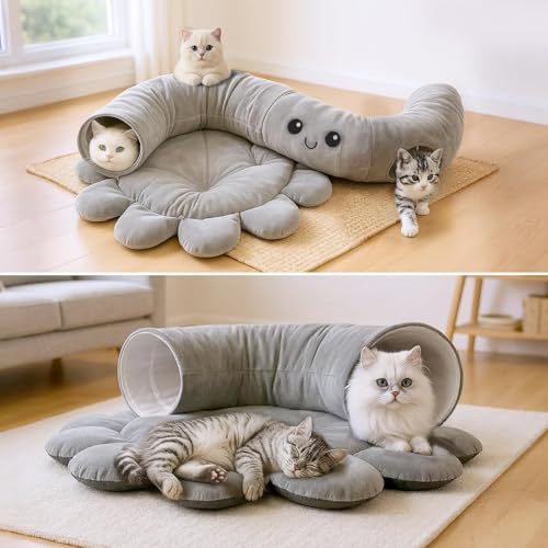 Cat Tunnel Bed for Indoor Cats, Peekaboo Cat Cave Bed, Grey - color: Grey