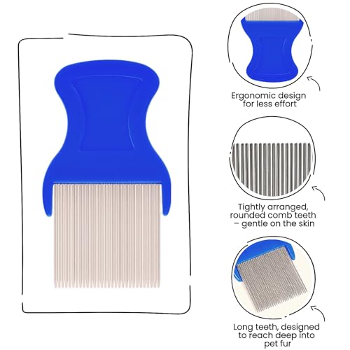 MEDUWEDU 5 Pack Flea & Lice Comb Set for Cats, Dogs & Kids – Stainless Steel Fine Tooth Nit Comb Kit with Double-Sided Tear Stain Remover, Grooming Brush & Peine para Piojos for Thick Hair (Blue) - color: Blue