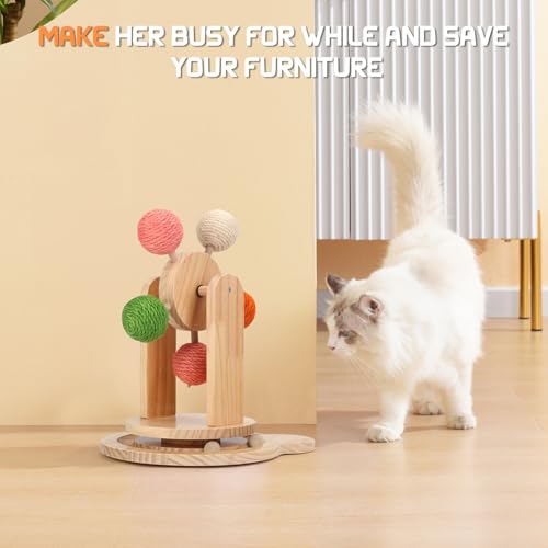 Cat Toy Ball Track,2-in-1 Interactive Cat Toy for Indoor Cats,Natural Sisal Ball with Solid Wooden Base,Spinning Ball Cats Scratcher Toy