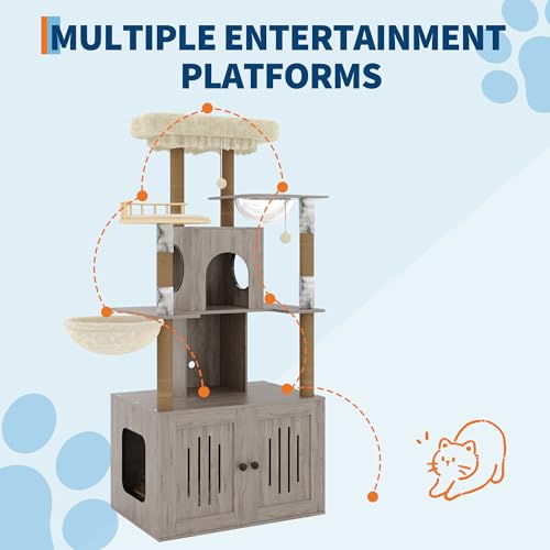 Cat Tree with Litter Box Enclosure, Multi-Level Cat Tower with Hidden Litter Box Furniture, Large Plush Top Perch, Sisal Scratching Posts, Cat Condo & Hammock for Indoor Cats, Living Room,Grey - color: Grey