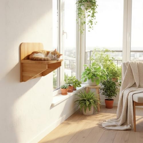 Solid Pine Wood Cat Wall Shelf - Unfinished Natural Wood Perch for Indoor Cats, Wall-Mounted Lounging Bed & Climbing Platform, Space Saving Cat Furniture