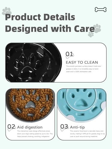Ceramic 1.5 Cup for Small & Medium Breeds Slow Feeder Dog Bowl (Black) - color: Black