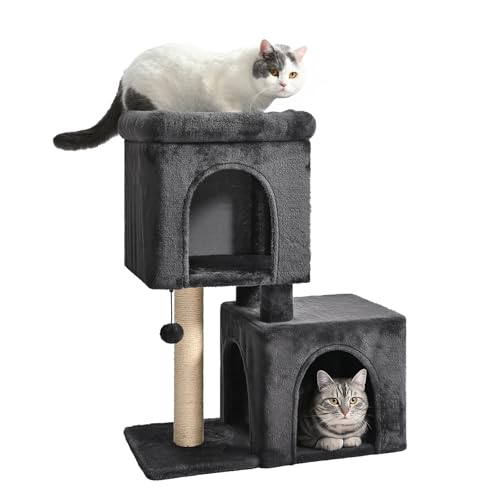 Amazon Basics 30-Inch Cat Tree Tower, Activity Center with 2 Plush Condos, Sisal Scratching Post and Hanging Pompom, Gray - size: 30 in