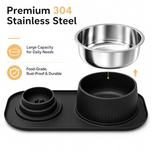 2-in-1 Dog Licking Bowl with Rolling Ball, Stainless Steel Dog Bowls & No-Spill Silicone Lick Mat for Dogs, Wet Dry Separation Dog Slow Feeder Puzzle Licking Toy for Dogs and Cats