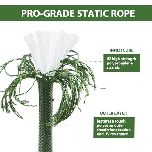 Static Climbing Rope - 12mm High Strength Arborist Rope 98FT for Outdoor Rappelling, Swing, Rigging, Tree Work, Camping - Green - color: Green, size: 98FT