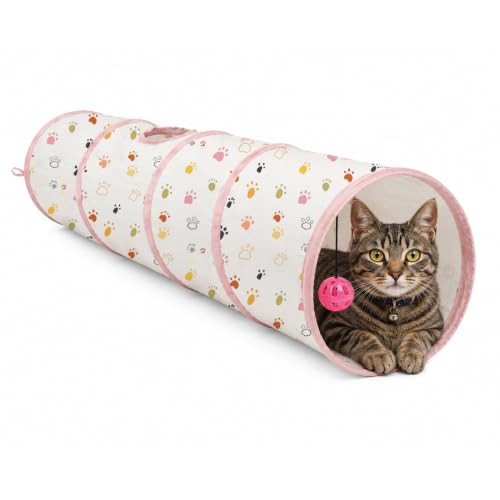 ASPCA Cat Tunnel with Rattle Toy – Interactive Collapsible Cat Tunnel for Indoor Cats, Crinkle Play Tunnel with Hanging Rattle Toy, Encourages Hiding, Chasing, Pouncing & Active Play, Paw Printed - color: Paw Printed