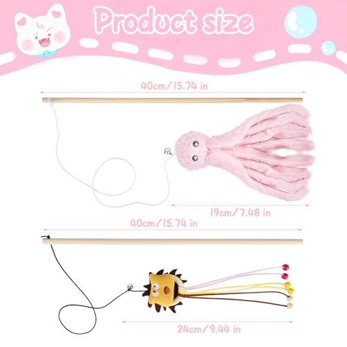 2-Pack Cat Toy Wand Set: Interactive Cat Teaser Wands with Bells and Streamers to Engage Your Cat’s Natural Instincts (Dog and Octopus) - color: Dog and Octopus