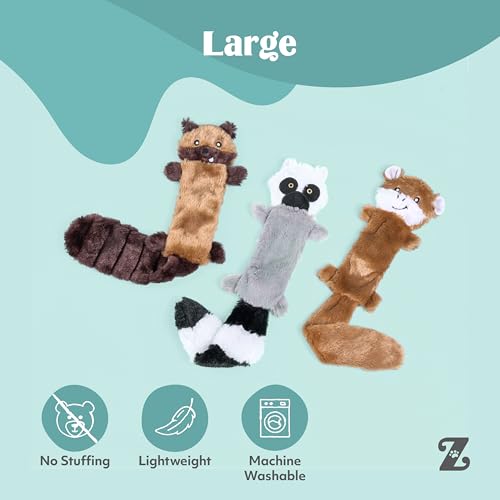 ZippyPaws Skinny Peltz No Stuffing Dog Toy Pack to Keep Them Busy - 18" - style: Chipmunk, Lemur, Monkey - Large (3-pack)