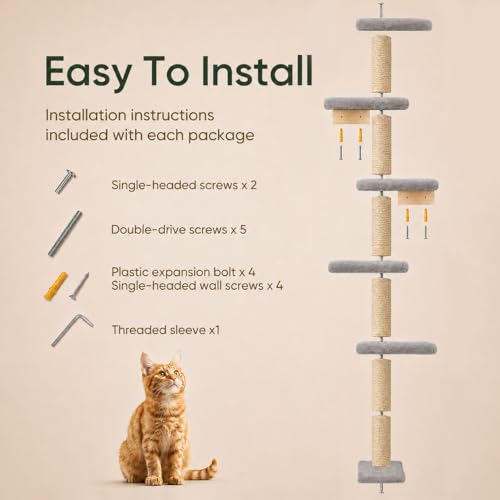 80-Inch Wall-Mounted Cat Tree with Scratching Post & 5 Perches