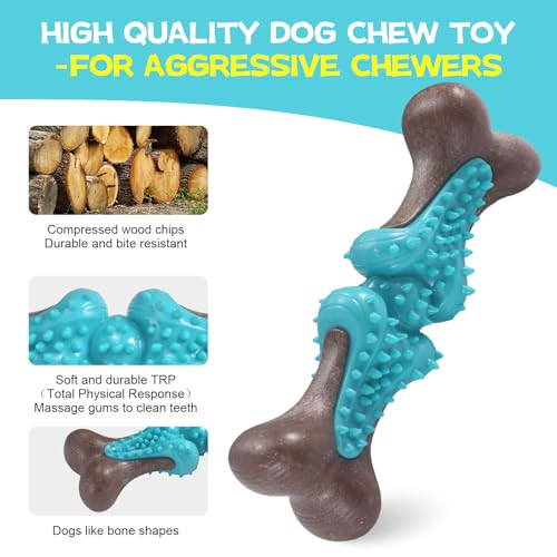 Durable Dog Chew Toys for Large Dogs - Tough Bone-Shaped Dental Chew with TPR Rubber & Wood Fiber, Teething & Aggressive Chewer Toys for Medium/Large Breed, Long-Lasting Teeth Cleaning 2 Pack set - color: Blue&Yellow-2 Pack Set