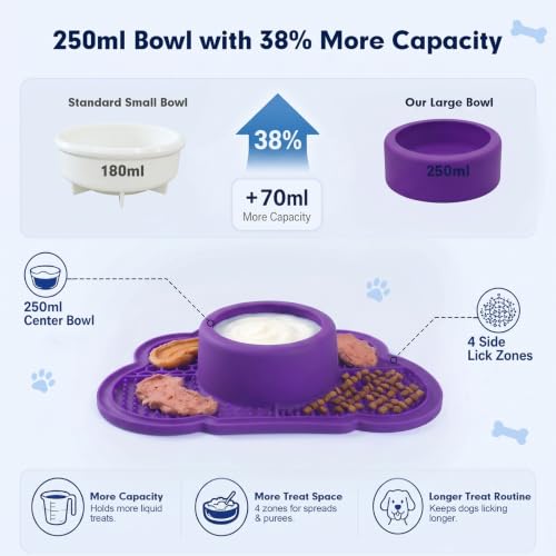 Anti-Slip Slow Feeder Dog Bowl and Lick Mat with Rolling Ball - color: Purple