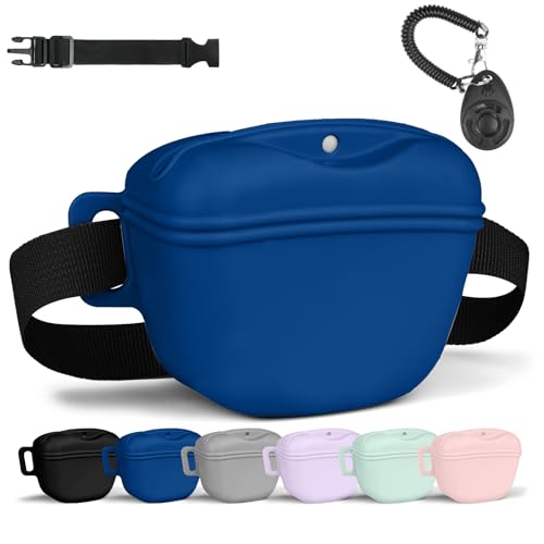 AOMIG Dog Treat Pouch with Training Clicker, 1.67 Cup Silicone Dog Treat Bag with Stronger Magnetic Closure, Portable Pouches for Pet Training Walking Premium Fanny Pack with Waist Belt(Dark Blue) - color: Dark Blue