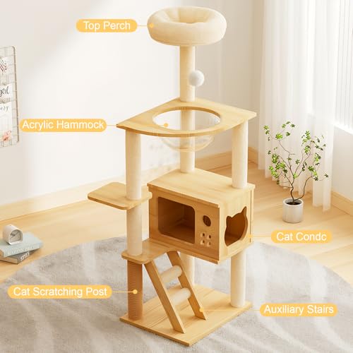 Wood Cat Tree Tower with Clear Bubble Window, Multi-Level Cat Condo with Scratching Posts, Ladder Top Perch Bed & Hanging Ball Toy, Indoor Activity Cat Furniture for Kittens Large Cats - color: （1）Natural+White + MDF