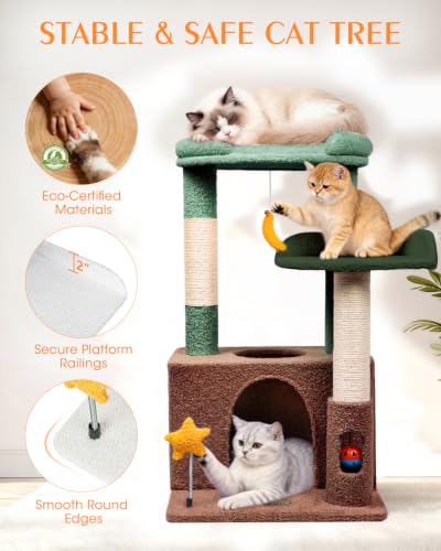 Small Cat Tree for Kittens, 30" Compact Cat Tower with Wide Base - color: Olive Green