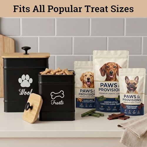 Dog Treat Container Airtight Set of 2 - 8x6 & 7x5 inch Iron Dog Treat Jars for Kitchen Counter with Airtight Bamboo Lids - 20 Cup Capacity Pet Treat Container Set - Doggie Cookie Jar - Treats Canister - color: Black - Large