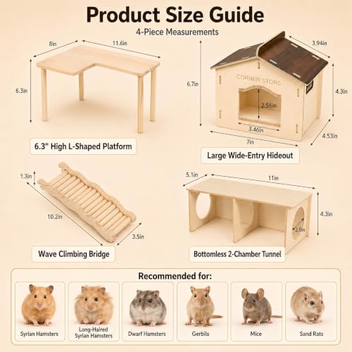 4-Piece 6.3-Inch High Hamster Platform Set, Large House Hideout