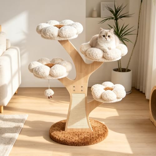 Aesthetic Flower Cat Tree Tower with Scratching Post for Indoor Cats, 48" Modern Cat Tree with Wood Sculpted Branch, Flower Cat Beds, Scratching Board & Interactive Squeaky Toy, Creamy White - color: 48"-Creamy White