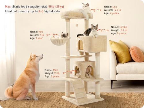 Cat Tree for Indoor Cats, 56.3" Multi-Level Cat Tower with 2 Condos - color: Beige, size: 56 Inches