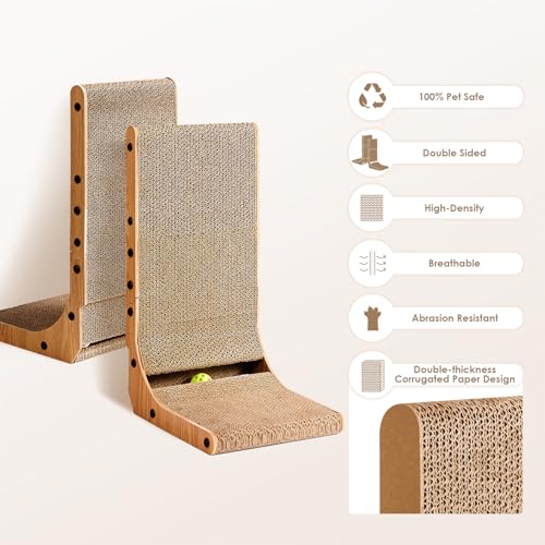 EHEYCIGA Cardboard Cat Scratcher for Indoor Cats, 26.8 Inch L Shaped Vertical Cat Scratching Board with Ball Cat Toy, Large Cat Scratcher Pad, Brown (Pack of 2) - color: Brown, size: 16.6x11.2x26.8 (Pack of 2)