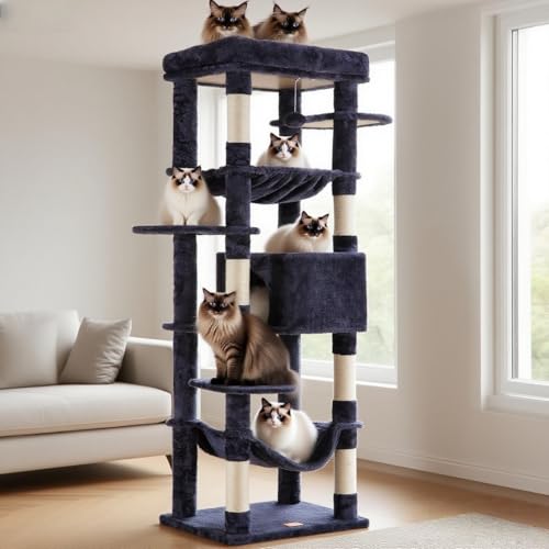 Heybly Cat Tree for Large Cats 20 lbs, 69 inches XXL Cat Tower HCT031G - color: Smoky Gray, size: 69 inch